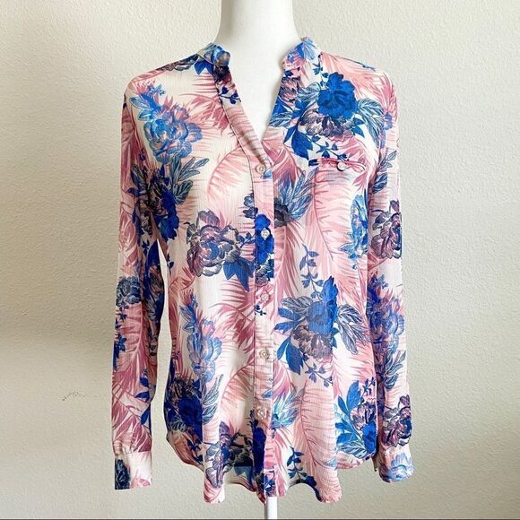 Kut from the Kloth Pink Blue Floral Sheer Relaxed Roll Tab Button Down Top S - Picture 1 of 8
